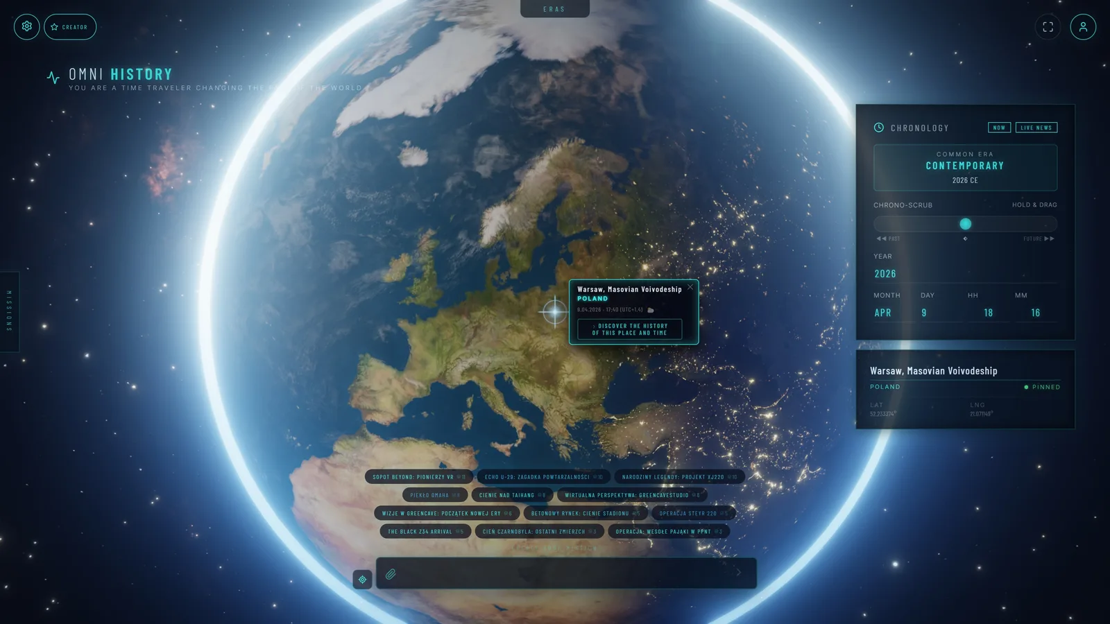 Chronology panel with chrono-scrub and a pinned location