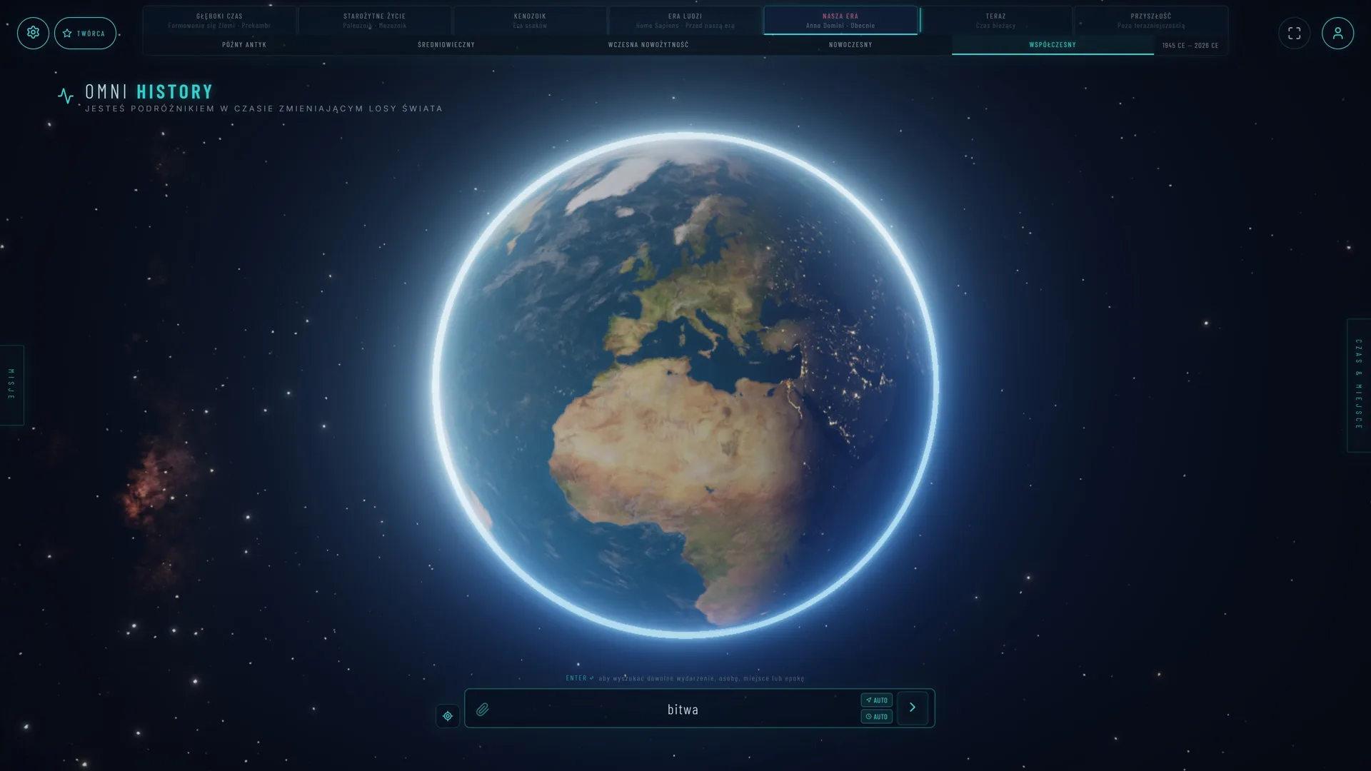 OmniHistory — photorealistic 3D globe with the era timeline