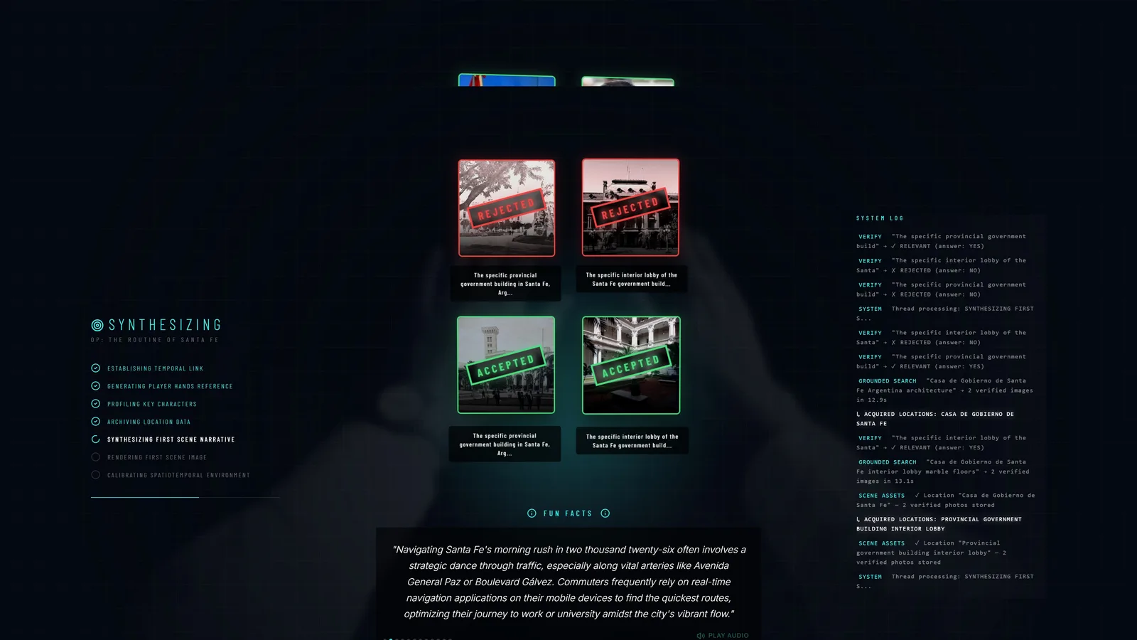 Mission synthesis screen — references accepted and rejected, system log, fun facts